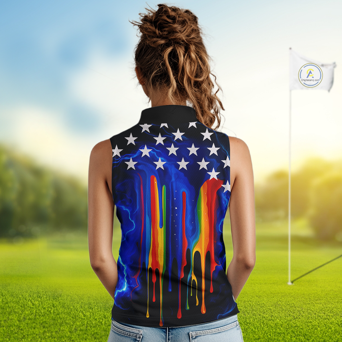 Blue lightning thunder rainbow American Flag Women sleeveless polo shirt, patriotic golf outfit NQS10154