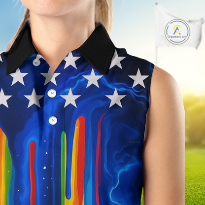 Blue lightning thunder rainbow American Flag Women sleeveless polo shirt, patriotic golf outfit NQS10154