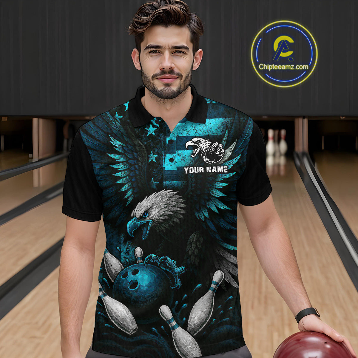 Custom Turquoise Vintage Us Flag Patriotic Eagle Bowling Shirt For Men, Retro Bowling Team Jerseys NQS10477
