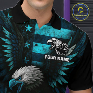 Custom Turquoise Vintage Us Flag Patriotic Eagle Bowling Shirt For Men, Retro Bowling Team Jerseys NQS10477