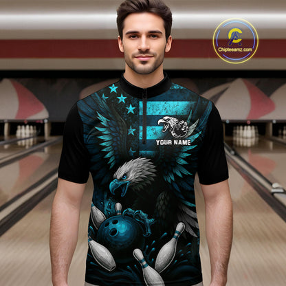 Custom Turquoise Vintage Us Flag Patriotic Eagle Bowling Shirt For Men, Retro Bowling Team Jerseys NQS10477