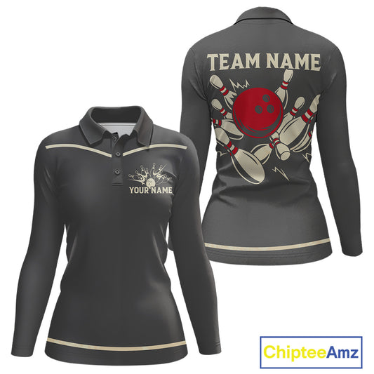 Custom Retro Bowling Polo, Quarter Zip Shirt for Women Personalized Vintage Team Bowling Jersey NQS10505