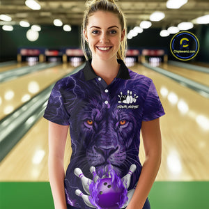 Purple Lightning thunder Flame Lion Bowling Polo, 1/4 Zip shirts for Women Custom bowling team jersey NQS10175