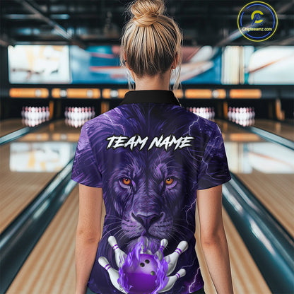 Purple Lightning thunder Flame Lion Bowling Polo, 1/4 Zip shirts for Women Custom bowling team jersey NQS10175