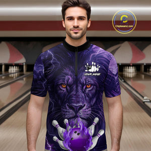 Purple Lightning thunder Flame Lion Bowling Polo, 1/4 Zip shirts for Men Custom bowling team jerseys NQS10175