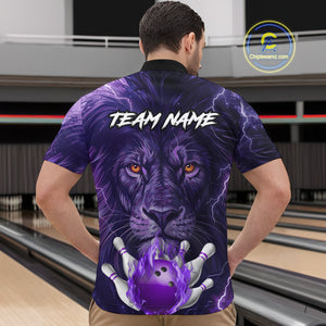 Purple Lightning thunder Flame Lion Bowling Polo, 1/4 Zip shirts for Men Custom bowling team jerseys NQS10175