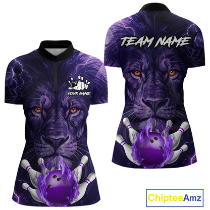 Purple Lightning thunder Flame Lion Bowling Polo, 1/4 Zip shirts for Women Custom bowling team jersey NQS10175