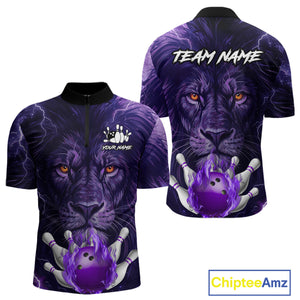 Purple Lightning thunder Flame Lion Bowling Polo, 1/4 Zip shirts for Men Custom bowling team jerseys NQS10175