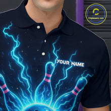 Load image into Gallery viewer, Blue Lightning Thunder Bowling Polo, Quarter Zip Shirts for Men Custom Team Bowling Shirts NQS10520