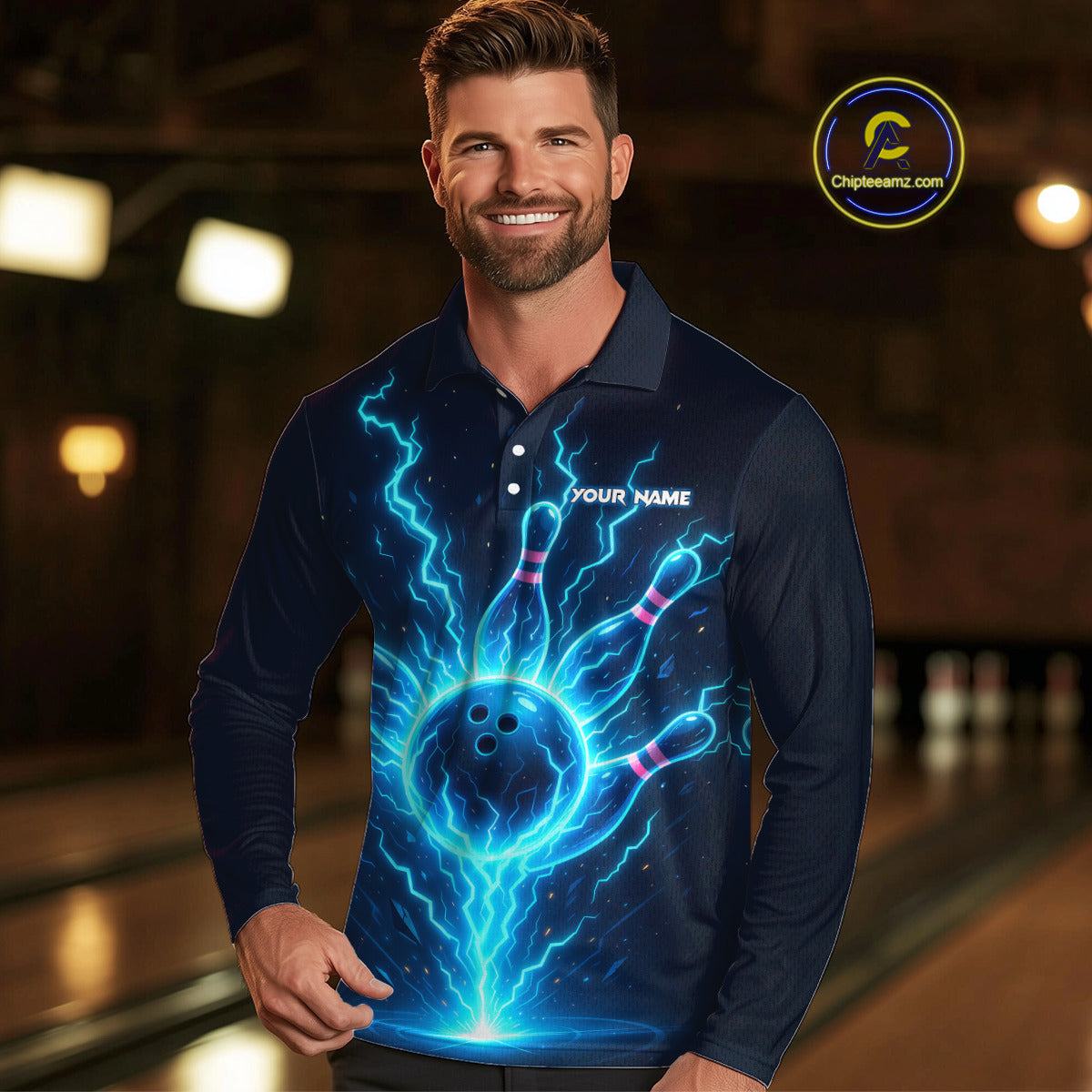 Blue Lightning Thunder Bowling Polo, Quarter Zip Shirts for Men Custom Team Bowling Shirts NQS10520