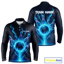 Load image into Gallery viewer, Blue Lightning Thunder Bowling Polo, Quarter Zip Shirts for Men Custom Team Bowling Shirts NQS10520
