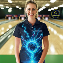 Load image into Gallery viewer, Blue Lightning Thunder Bowling Polo, Quarter Zip Shirts for Women Custom Team Bowling Shirts NQS10520