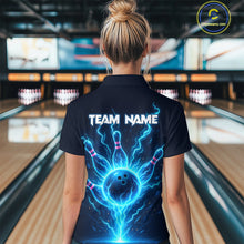 Load image into Gallery viewer, Blue Lightning Thunder Bowling Polo, Quarter Zip Shirts for Women Custom Team Bowling Shirts NQS10520