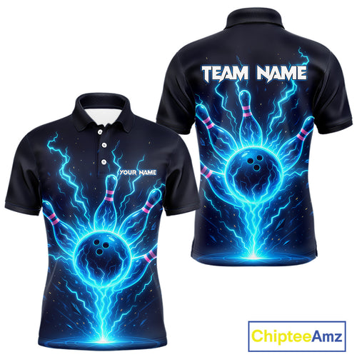 Blue Lightning Thunder Bowling Polo, Quarter Zip Shirts for Men Custom Team Bowling Shirts NQS10520