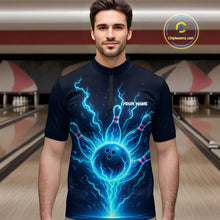 Load image into Gallery viewer, Blue Lightning Thunder Bowling Polo, Quarter Zip Shirts for Men Custom Team Bowling Shirts NQS10520
