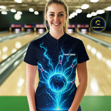 Load image into Gallery viewer, Blue Lightning Thunder Bowling Polo, Quarter Zip Shirts for Women Custom Team Bowling Shirts NQS10520