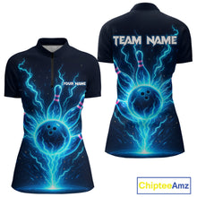 Load image into Gallery viewer, Blue Lightning Thunder Bowling Polo, Quarter Zip Shirts for Women Custom Team Bowling Shirts NQS10520