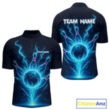Load image into Gallery viewer, Blue Lightning Thunder Bowling Polo, Quarter Zip Shirts for Men Custom Team Bowling Shirts NQS10520