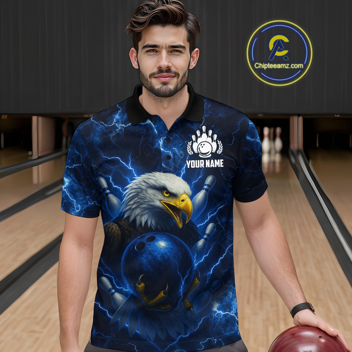 Mens bowling shirts Custom Eagle blue lightning thunder Bowling Team Jersey, gift for Bowlers NQS10336