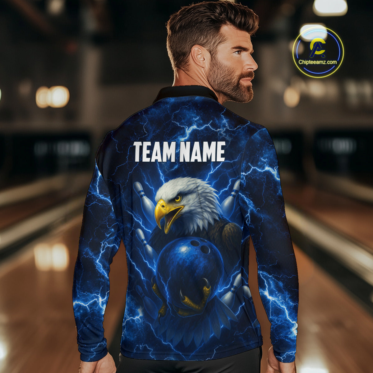 Mens bowling shirts Custom Eagle blue lightning thunder Bowling Team Jersey, gift for Bowlers NQS10336