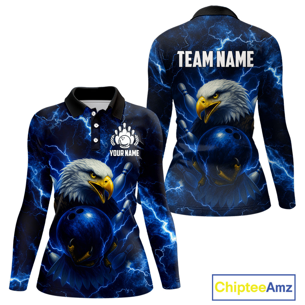 Womens bowling shirts Custom Eagle blue lightning thunder Bowling Team Jersey, gift for Bowlers NQS10336