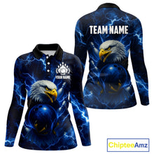 Load image into Gallery viewer, Womens bowling shirts Custom Eagle blue lightning thunder Bowling Team Jersey, gift for Bowlers NQS10336