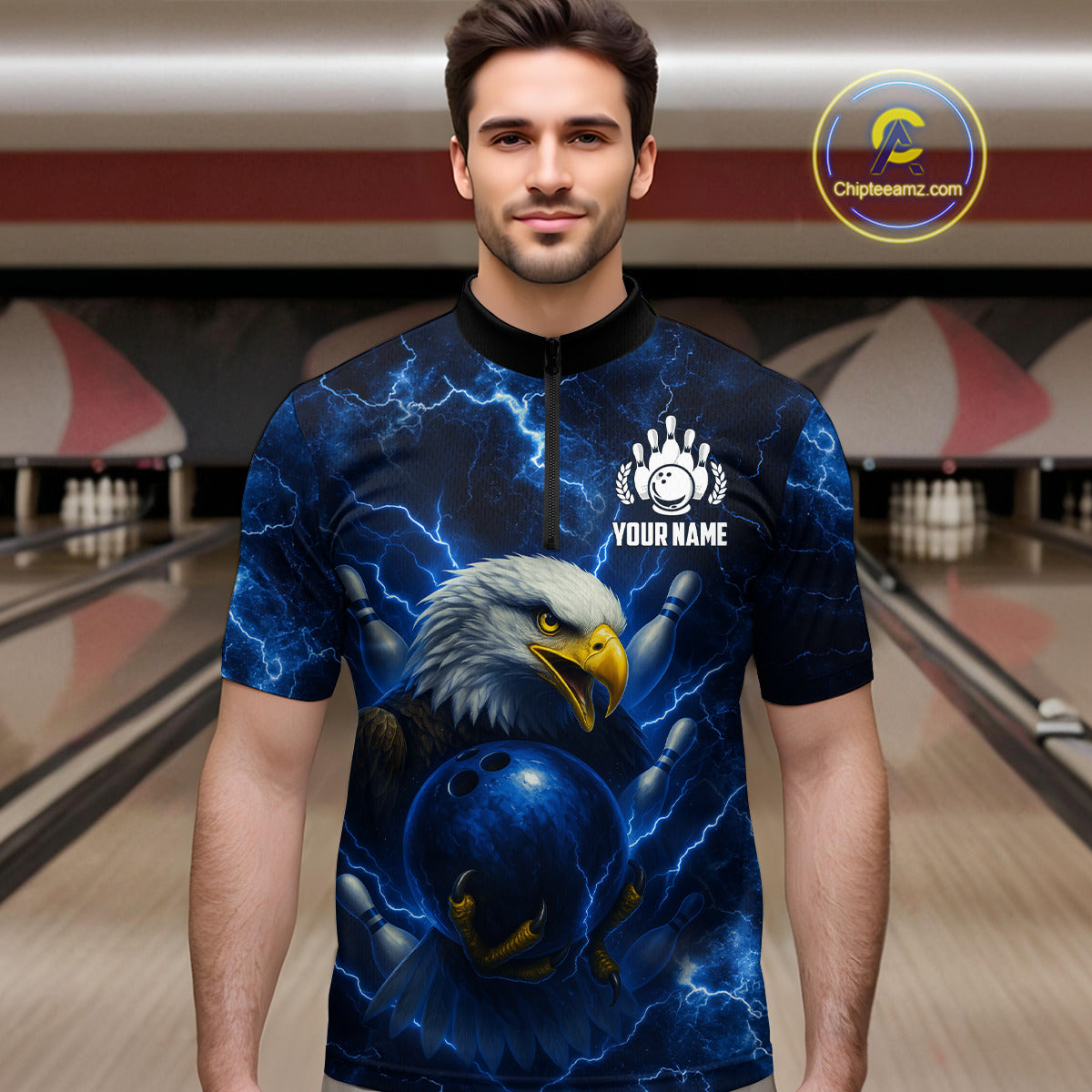 Mens bowling shirts Custom Eagle blue lightning thunder Bowling Team Jersey, gift for Bowlers NQS10336