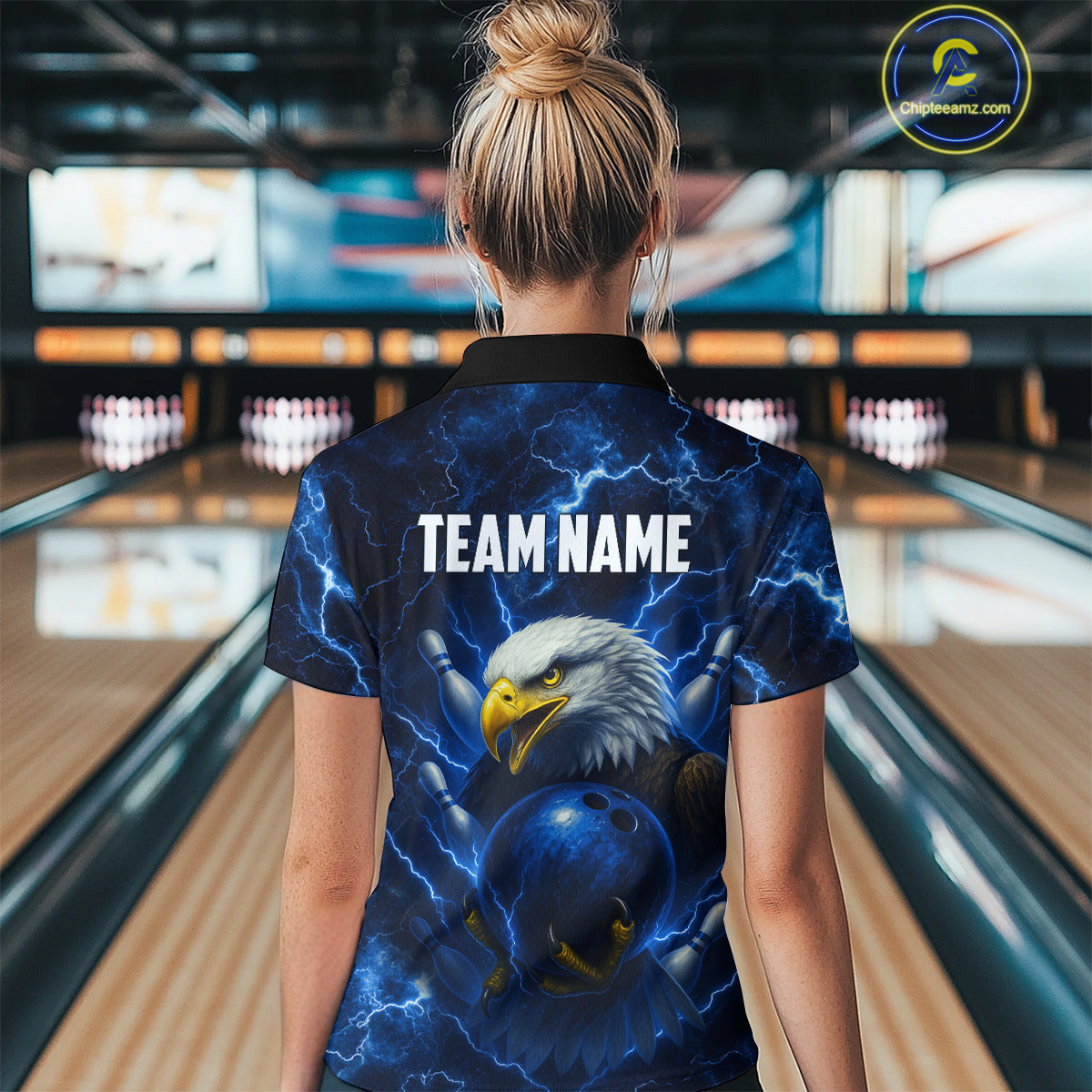 Womens bowling shirts Custom Eagle blue lightning thunder Bowling Team Jersey, gift for Bowlers NQS10336