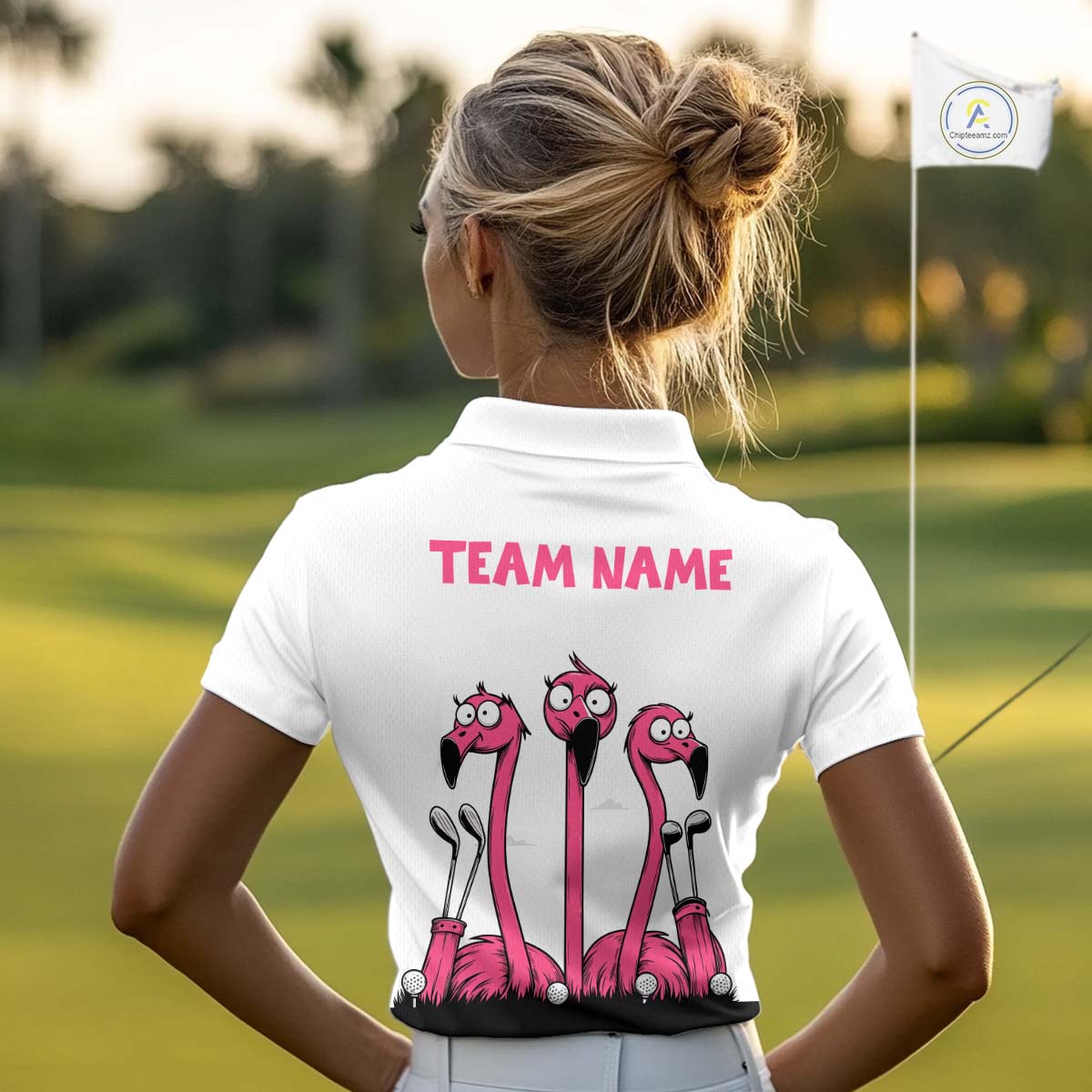 Funny pink flamingo friends white Women golf polo shirts Custom flamingo golf outfits for ladies NQS10201