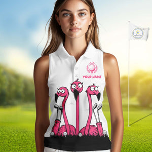 Funny pink flamingo friends white Women sleeveless polo shirt Custom flamingo ladies golf outfits NQS10201