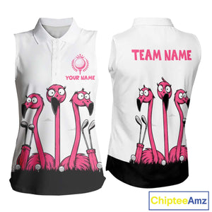 Funny pink flamingo friends white Women sleeveless polo shirt Custom flamingo ladies golf outfits NQS10201