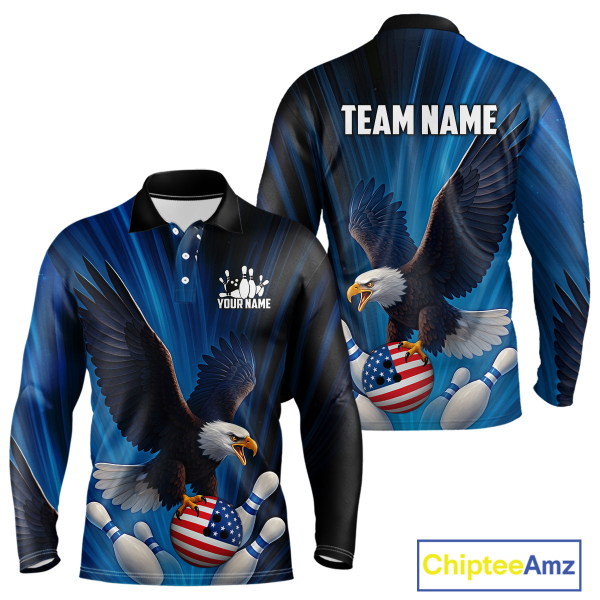 Blue Light Eagle American Flag Men's Bowling Polo, 1/4 Zip Shirt Custom Patriotic Team Bowling jersey NQS10350
