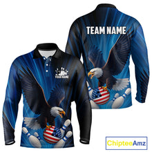 Load image into Gallery viewer, Blue Light Eagle American Flag Men&#39;s Bowling Polo, 1/4 Zip Shirt Custom Patriotic Team Bowling jersey NQS10350
