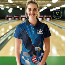 Load image into Gallery viewer, Blue Light Eagle American Flag Women Bowling Polo, 1/4 Zip Shirt Custom Patriotic Team Bowling jersey NQS10350