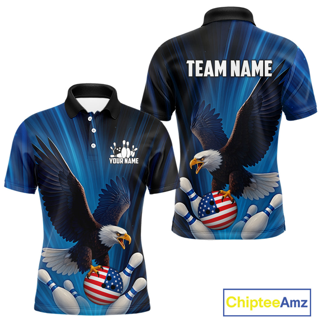 Blue Light Eagle American Flag Men's Bowling Polo, 1/4 Zip Shirt Custom Patriotic Team Bowling jersey NQS10350
