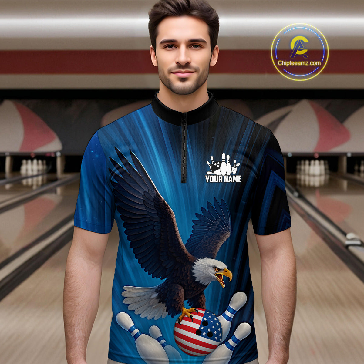Blue Light Eagle American Flag Men's Bowling Polo, 1/4 Zip Shirt Custom Patriotic Team Bowling jersey NQS10350