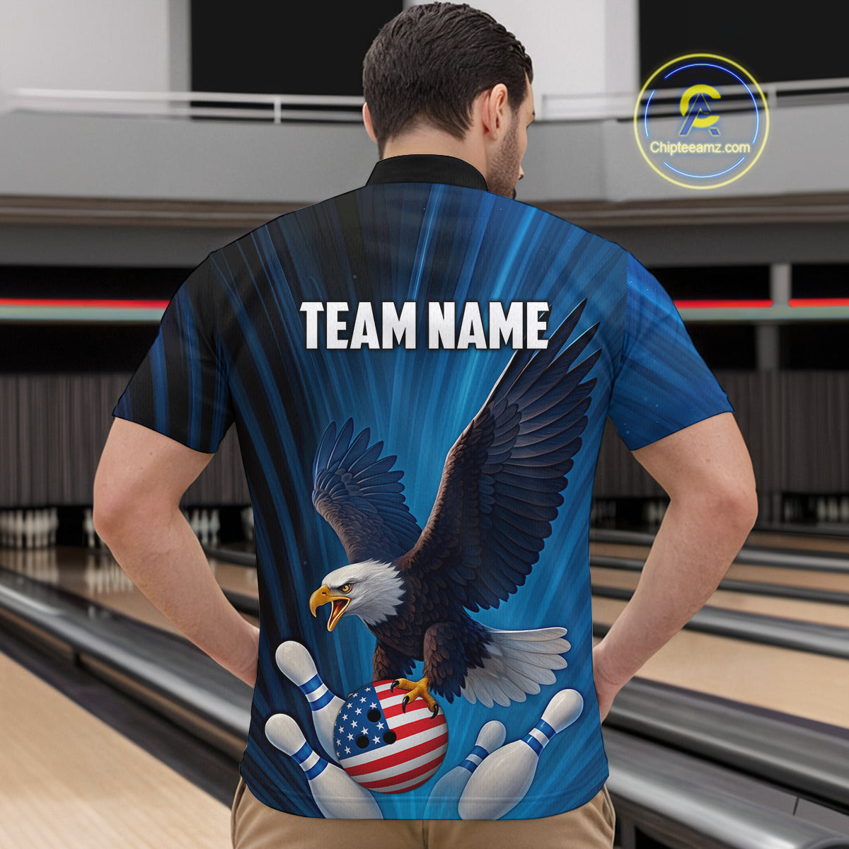 Blue Light Eagle American Flag Men's Bowling Polo, 1/4 Zip Shirt Custom Patriotic Team Bowling jersey NQS10350