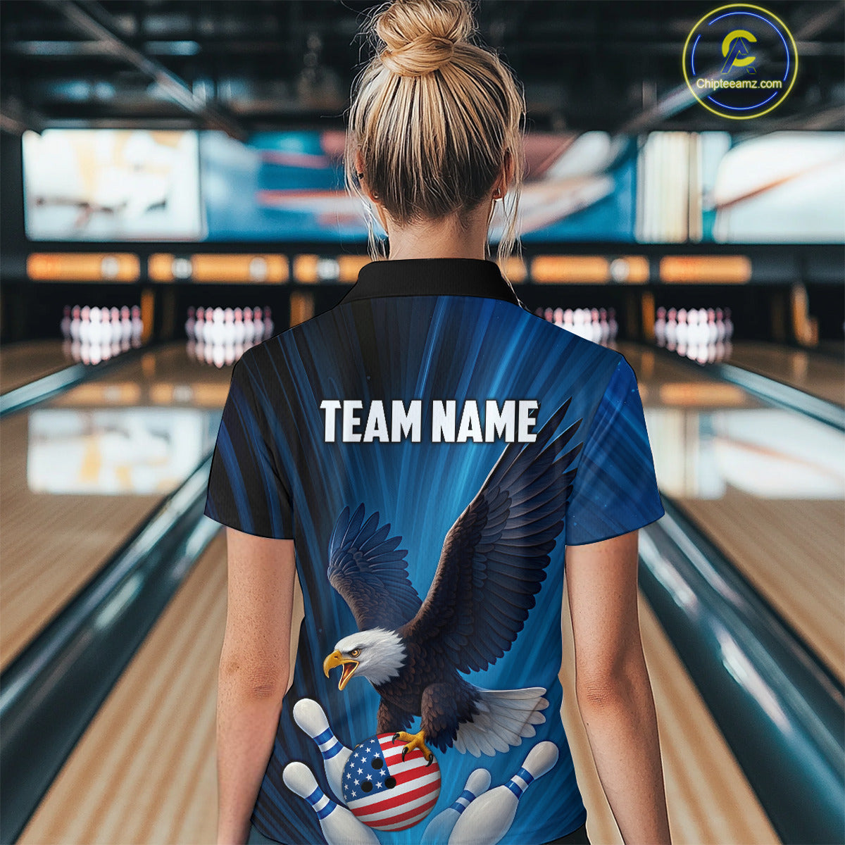 Blue Light Eagle American Flag Women Bowling Polo, 1/4 Zip Shirt Custom Patriotic Team Bowling jersey NQS10350