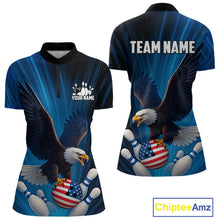 Load image into Gallery viewer, Blue Light Eagle American Flag Women Bowling Polo, 1/4 Zip Shirt Custom Patriotic Team Bowling jersey NQS10350