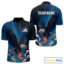 Load image into Gallery viewer, Blue Light Eagle American Flag Men&#39;s Bowling Polo, 1/4 Zip Shirt Custom Patriotic Team Bowling jersey NQS10350