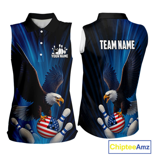 Blue Light Eagle American Flag Bowling Sleeveless Polo Shirt Custom Patriotic Team Bowling jersey NQS10350