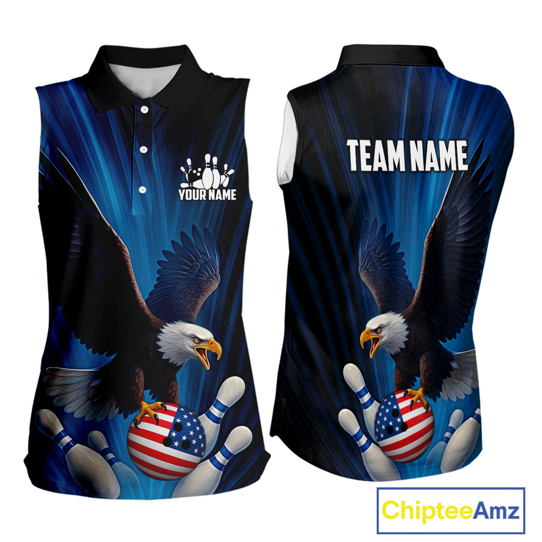 Blue Light Eagle American Flag Bowling Sleeveless Polo Shirt Custom Patriotic Team Bowling jersey NQS10350