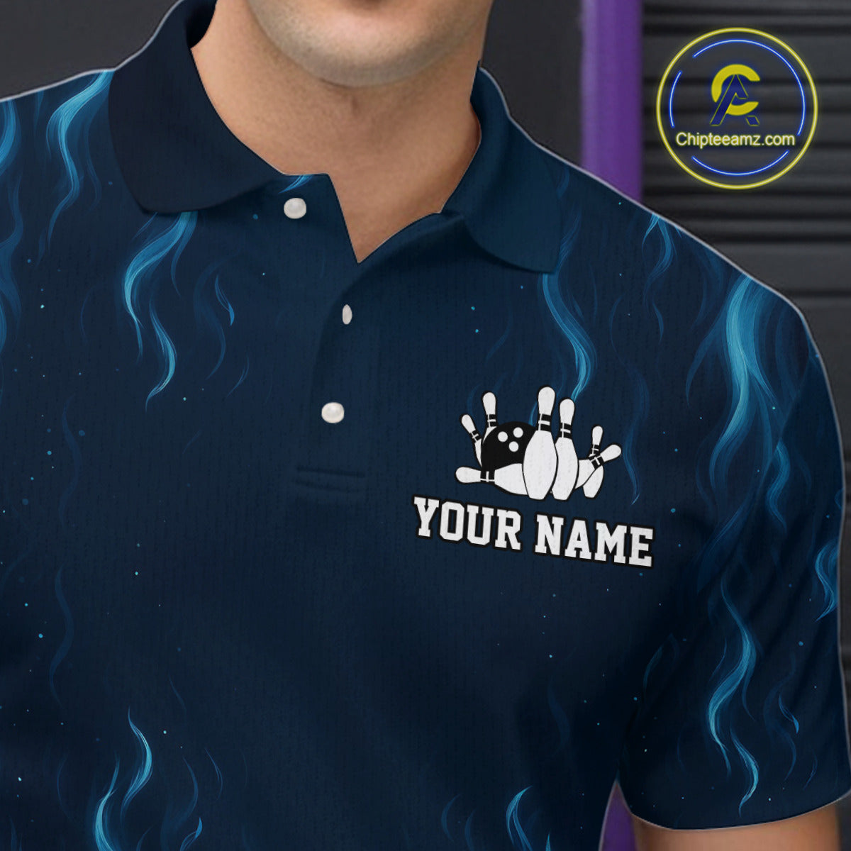 Blue flame lightning thunder Bowling polo, quarter zip shirts for men custom Bowling team jerseys NQS10387