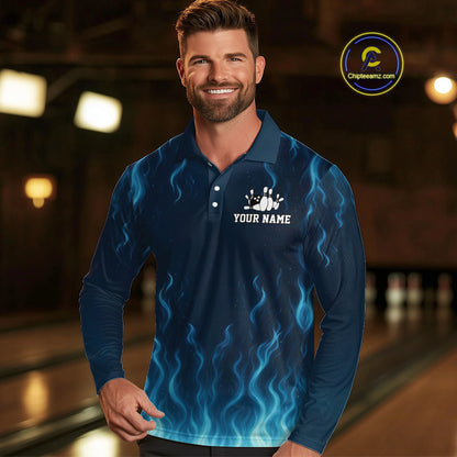 Blue flame lightning thunder Bowling polo, quarter zip shirts for men custom Bowling team jerseys NQS10387