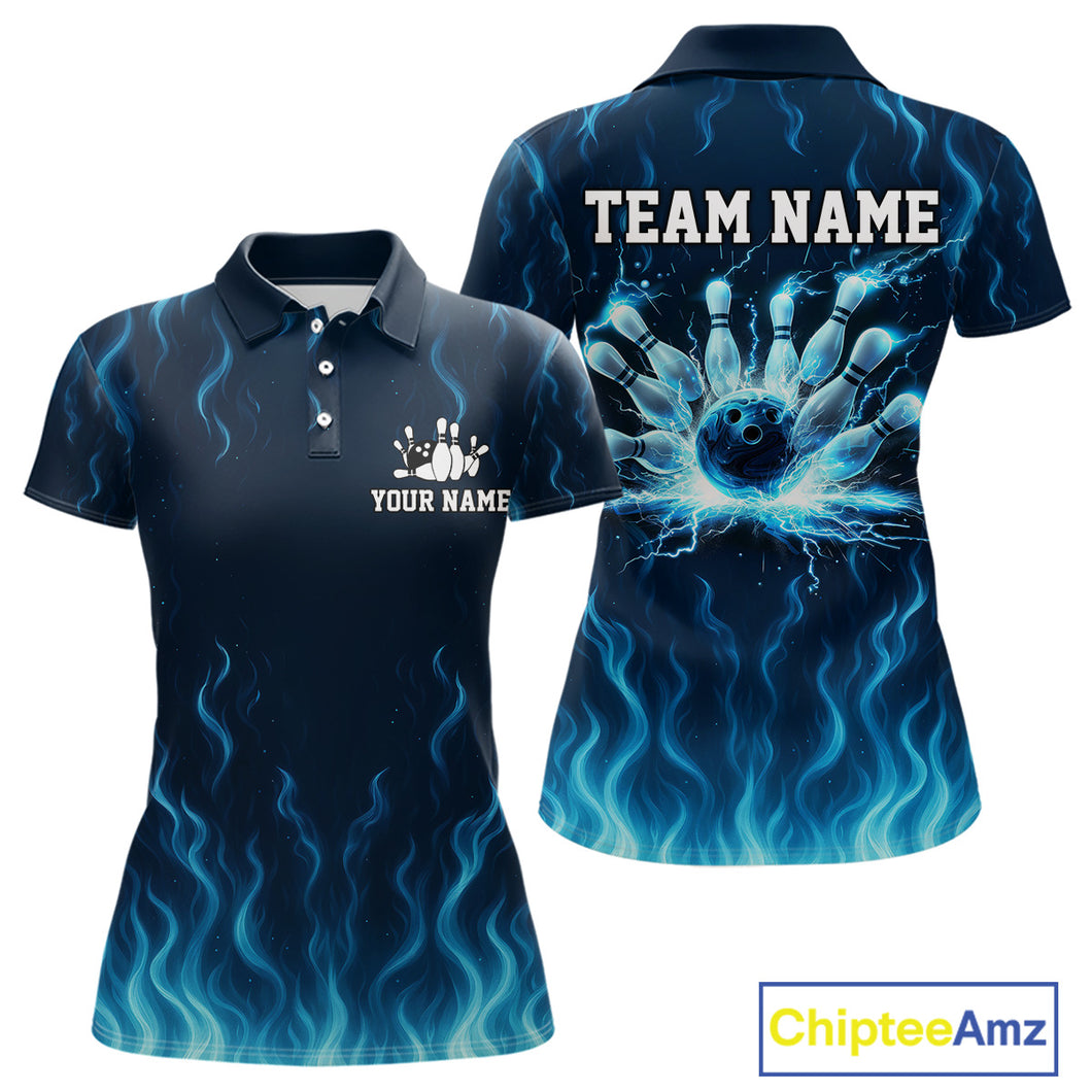 Blue flame lightning thunder Bowling polo, quarter zip shirts for Women custom Bowling team jerseys NQS10387