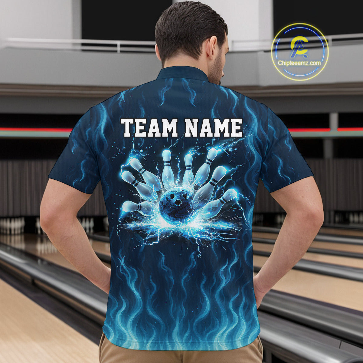 Blue flame lightning thunder Bowling polo, quarter zip shirts for men custom Bowling team jerseys NQS10387