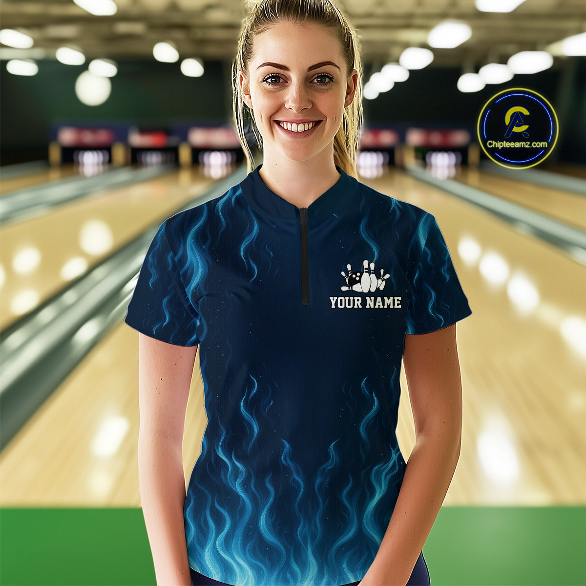 Blue flame lightning thunder Bowling polo, quarter zip shirts for Women custom Bowling team jerseys NQS10387