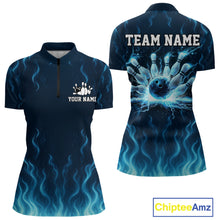 Load image into Gallery viewer, Blue flame lightning thunder Bowling polo, quarter zip shirts for Women custom Bowling team jerseys NQS10387