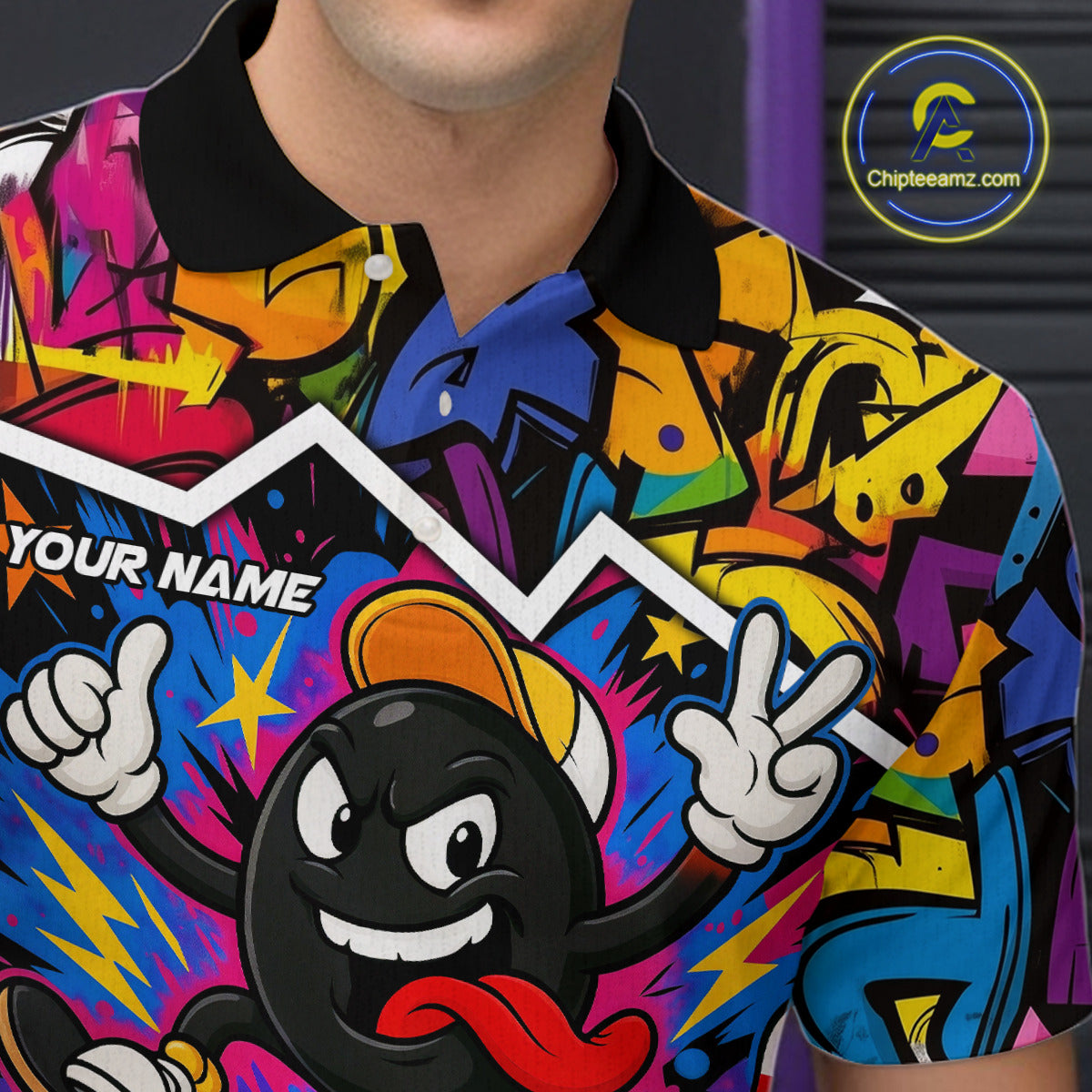 Colorful graffiti pattern Funny Bowling polo, quarter zip shirts for men custom Bowling team jerseys NQS10389