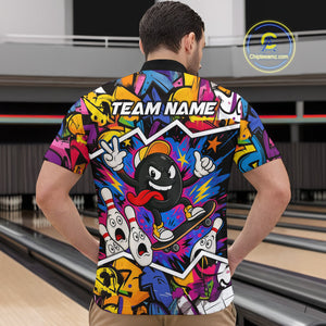 Colorful graffiti pattern Funny Bowling polo, quarter zip shirts for men custom Bowling team jerseys NQS10389
